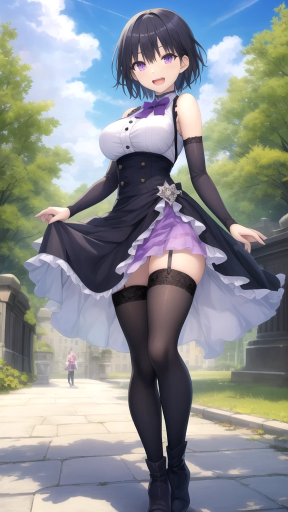 (Girl in purple wet shirt-dress and light gray tight pleated slim skirt), (((black)) stockings), cleavage, see-through, cute, zettai ryouiki, white hair, full body, bra, slim body, slim girl model, 24-year-old female model, lying on table, ((wet)), ((standing nipples under cloth))