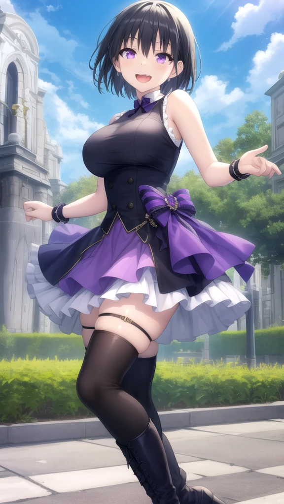 highest quality、Female 1,22 years old,All limbs、Perfect limbs、Accurate anatomy、Detailed depiction,Super beautiful woman,Slender beauty、short hair、Black Hair、Purple Eyes,Pink Cheeks,Beautiful Skin,White and purple idol costume、Dark purple panties、Knee-high socks、Beautiful big breasts、Exposed thighs,Live Stage、sing、Dancing、(Provocative smile),The pink spotlight shines on her.