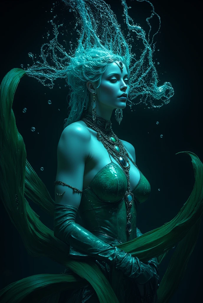 A green-haired woman is standing in the river, nymph in the water, photoshoot rainha dos oceanos, in the water up to your shoulders, fantasy photo essay, usando uma roupa justa esverdeada, On the water, filmed cinematic goddess, a dazzling young ethereal figure, deusa da natureza, ethereal beauty, water fairy, em um lago, dress made of water,  fundo cyberpunk 2077, modern building, Dark aesthetic, darkness, visual louco, cinematographic, grain, obra-prima, melhor qualidade