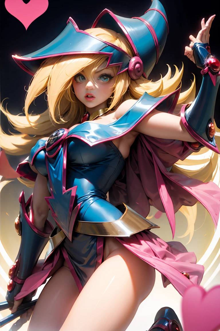 (Masterpiece:1.2), (Best quality:1.2), Perfect lighting, Dark witch girl casting a spell, In battle, Fighting the red-skinned dragon.In his twenties, Floating in the air, Medium visible breasts, Sheer neckline, Blue robe, Big hat, from above, Sparkle, Yugioh game, Heart magic. Heart lights, Romantic heart. Dragon battle
