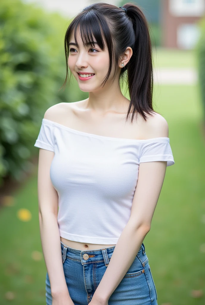 （8k、Raw photography、Highest quality、masterpiece：1.2),(Black Hair、Dark Eyes:1.9),(:1.7)、View your audience,Viewed from the front,White skin,(ponytail:1.4)、(Tight waist:1.6)、(Clothes that accentuate the shape of the breasts:1.4)、(Big Breasts :1.6)、Slim figure、Ultra-high resolution,beautiful,beautiful fece,(One person、No background:1.9),whole bodyボディー,Japanese women,（reality的：1.37）、Photon Mapping,reality、(Baby-faced and cute: 1.4)、(Cute Smile: 1.8)、(Round face: 1.8)、Radio City、Physically Based Rendering、Depth of field rally background、photograph, (I can see your knees、Thigh close-up:1.8),（:1.6）,whole body、Great quality