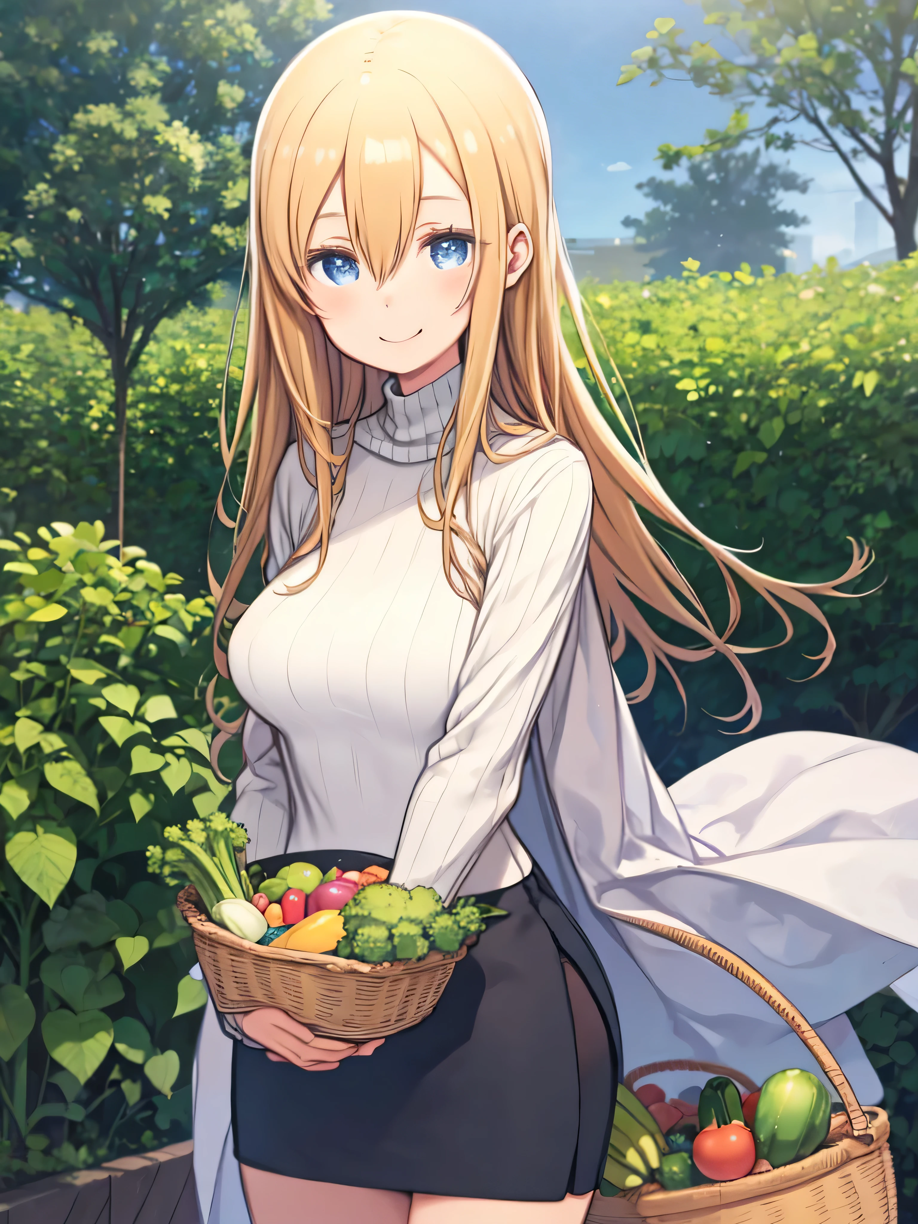 A woman with a basket filled with vegetables is standing smiling、blond hair、hair between eyes、long hair、blue eyes、Big Breasts、green turtleneck sweater、cape、pencil skirt、Vegetable garden 、Vegetable garden、Holding a zucchini、red face、