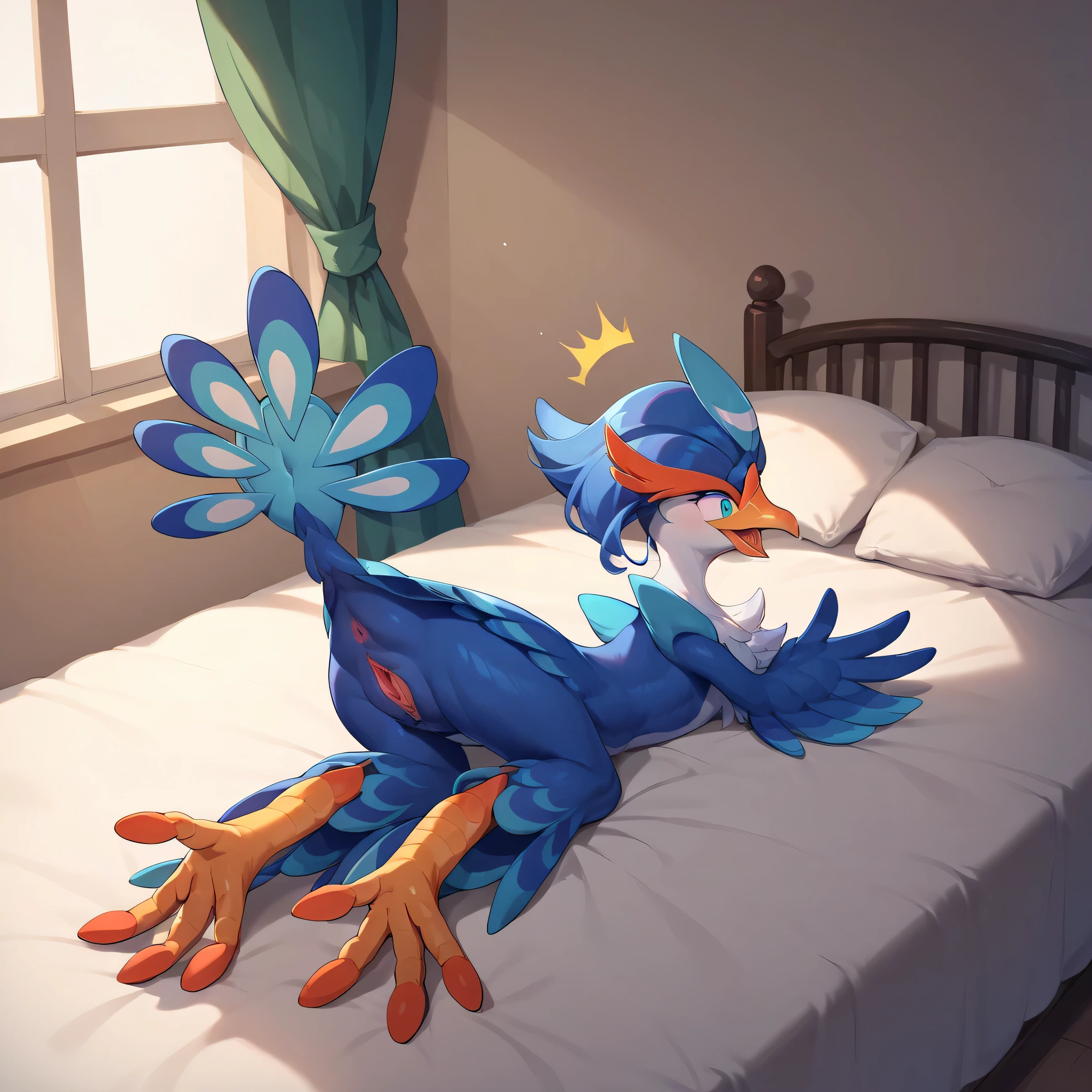 score_9, score_8_up, score_7_up, full body view, 1girl, solo, quaquaval, blue eyes, feral, frontal view, shocked, waving arms, arms in air, in bedroom, sitting on front of bed, naked, no visible clothes, visible nipples, visible vagina, visible anus,