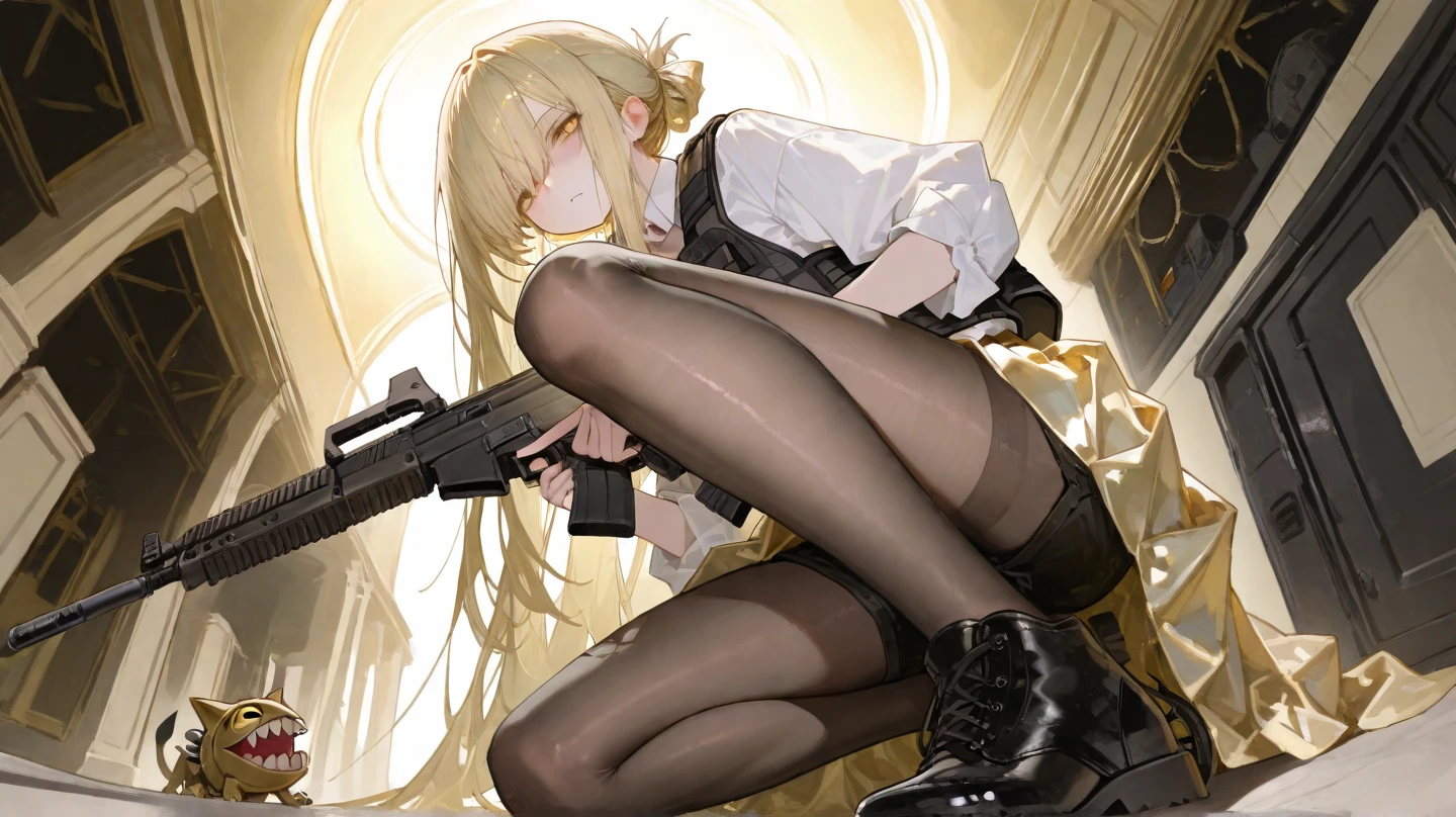Highly detailed, High Quality, Masterpiece, beautiful, IncrsGlueTrapMeme, on side, from behind, <lora:GlueTrapMeme:1>, 1girl, greyscale, monochrome, rapi \\(nikke\\), rapidef, hat, skirt, side slit, thigh highs, <lora:Char_NIKKE_Rapi:0.9>