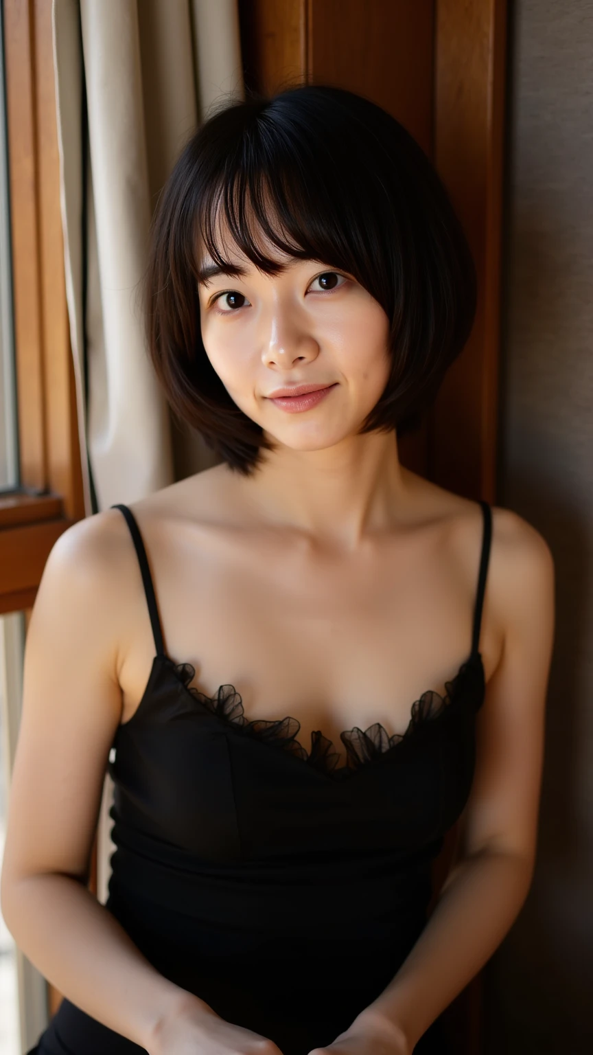 (masterpiece:1.3),(cute笑顔:1.2)、(8k, Realistic, RAW Photos, Best image quality: 1.4), Beautiful Face, (Lively Faces), (Bob Hair:1.5、bangs), Beautiful Hairstyles, Realistic eyes:1.2, Beautiful Eyes、(Realistic Skin), Beautiful Skin, charm, Ultra-high resolution, Attention to detail, Golden Ratio, cute:1.4、高いly detailed and professionally lit,Looking_in_vieweR,(1giRl,一人in:1.50),のtailed skin,Glowing Skin、(slender)、(Anxious expression、sad:1.5、Beautiful actresses at 20 years old)、Simple Background、asphalt、Black Bare Top Dress、Sheath Loop Skirt、しゃがんinいる、Beautiful breasts、