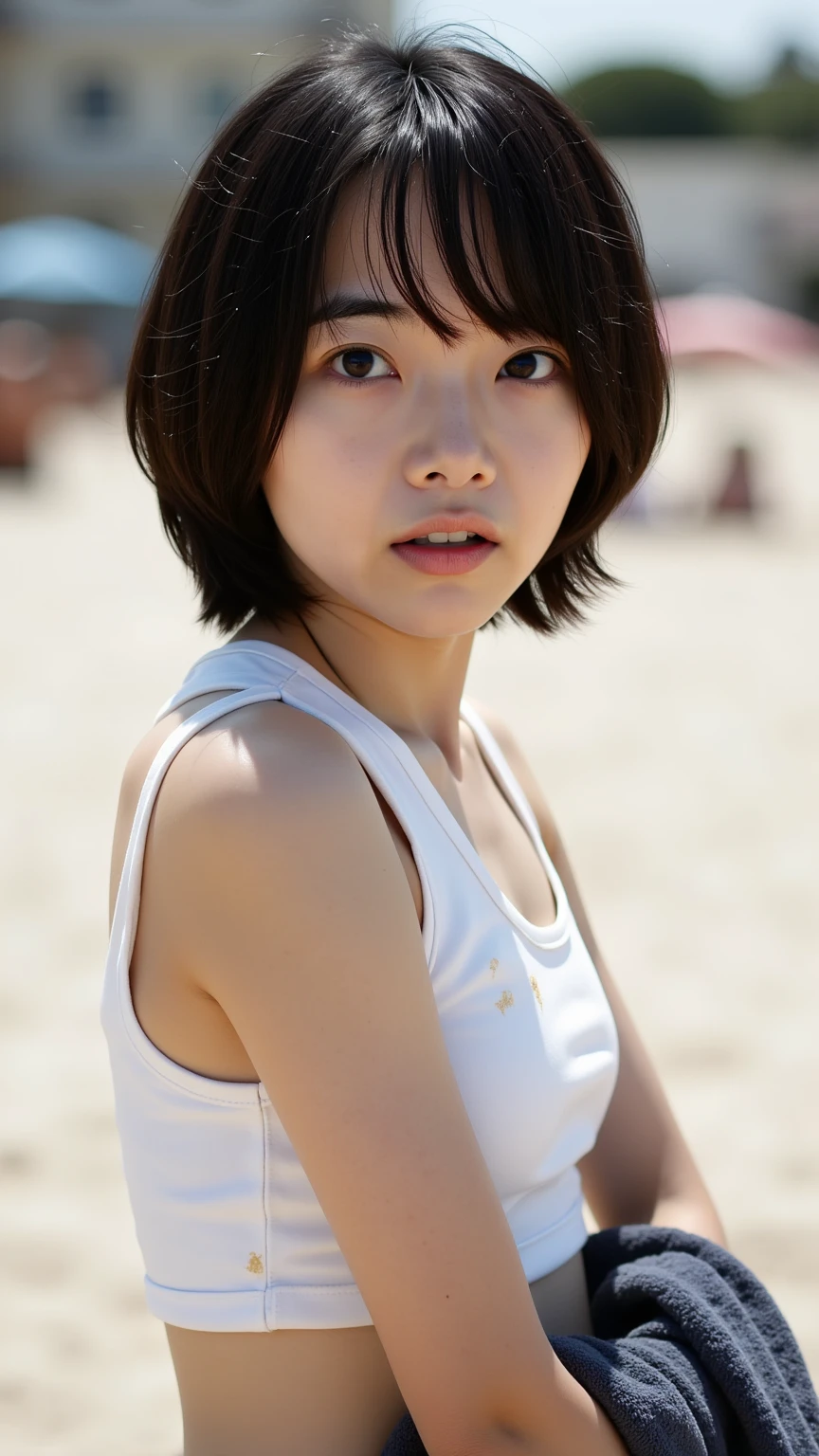 (at beach, 1 girl, small breasts, medium bob hair, white T-shirts, wearing denim miniskirt and pink panties, camel toe, Spread legs, squatting:1.5), fair-skinned, glossy lips, skinny, body type, delicate and sexy clavicle, highest quality, RAW photo, realistic, face, incredibly ridiculous beautiful girl, cute, Depth of bounds written, High resolution, ultra detail, detailed, Very detailed, extremely detailed eye and face, sharp pupils, sharp focus, cinematic lighting