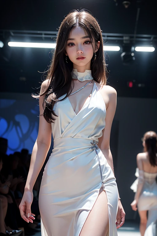 1girl,bangs,bare legs,collar,maxi white lace cheongsam,detailed background,brown eyes,brown hair,cleavage,earrings,necklace,full body,jewelry,flat chest,ponytail,looking at viewer,makeup,night scene,red lips,signature,smile,solo,standing,thighs,slender legs,high heels,On the T-stage,catwalk,fashion show,Surrounded by crowded crowds on both sides of the stage,neon lights