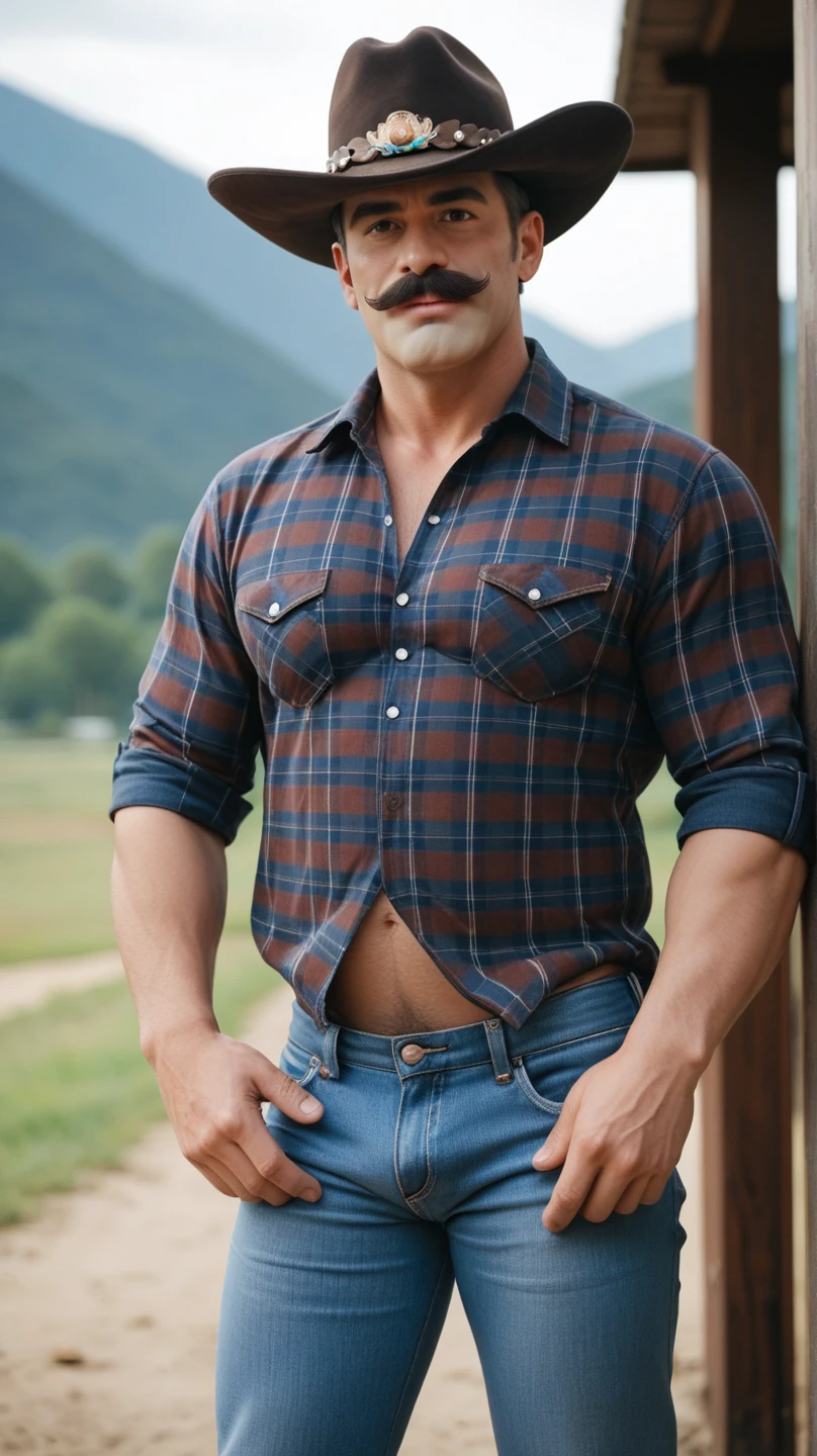 A sexy cowboy man with hat and handsome face, sexual pose, nsfw, homoerotic, perfect photo 