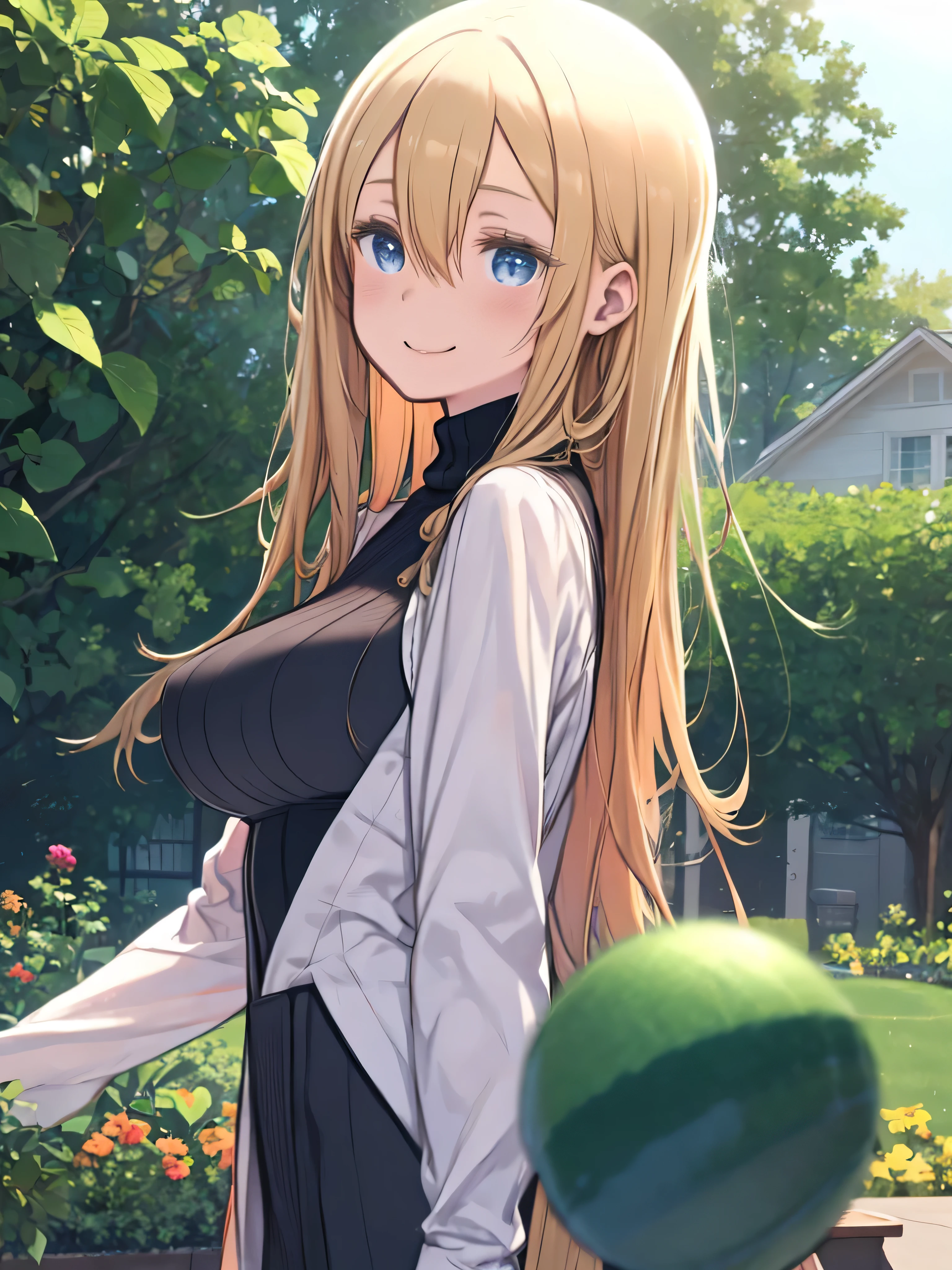 A woman holding a zucchini is standing with a smile、slightly from the side、upper body、blond hair、hair between eyes、long hair、blue eyes、Big Breasts、green turtleneck sweater、Vegetable garden 、Vegetable garden、red face、