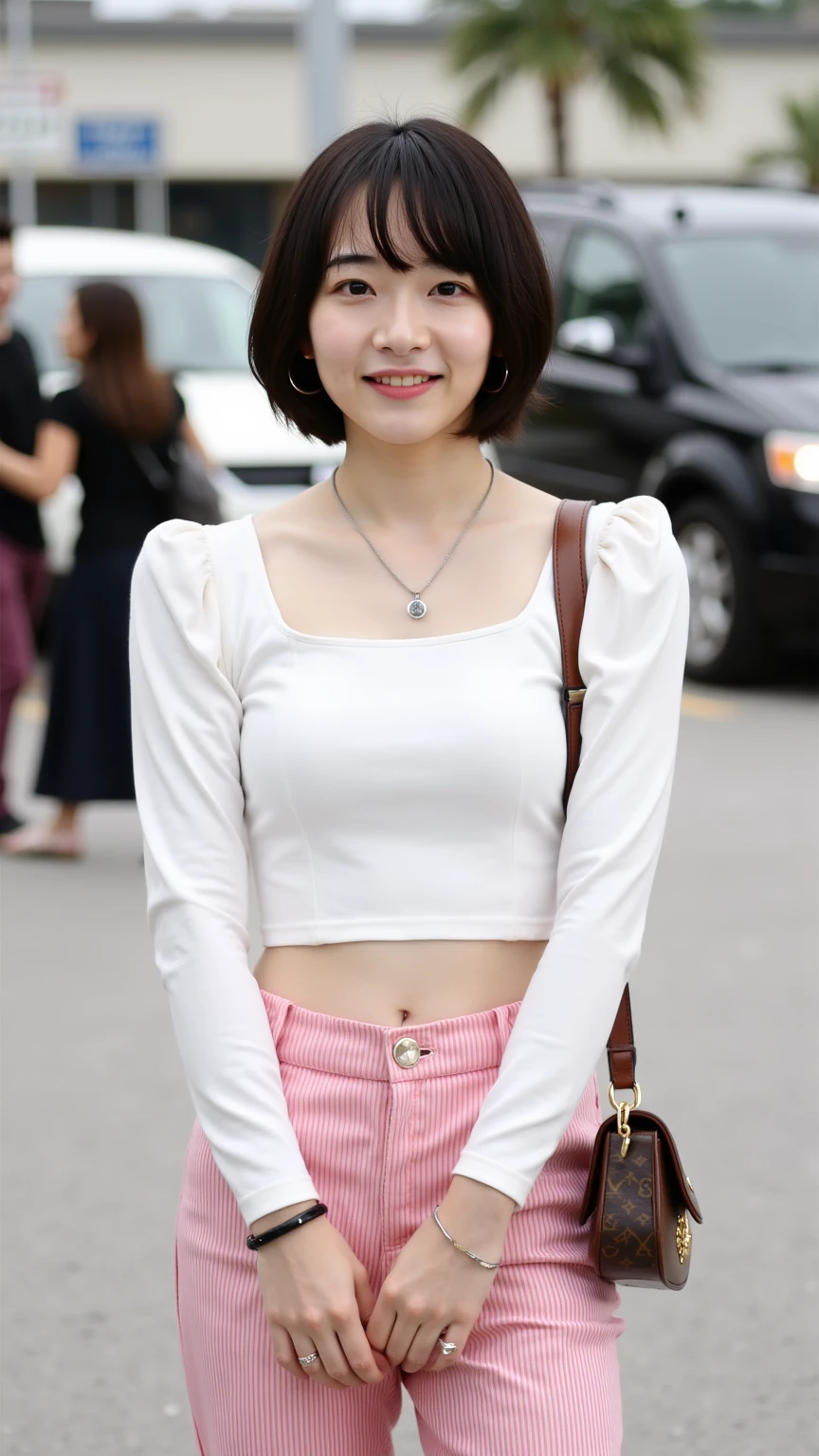 (((Top quality, 8K, Masterpiece: 1.3)), Beautiful girl, Pure, Melon face, Feminine and cute, Kind smile, Pure desire, Slender body, (Front), (Tilted head), ((Looking at camera) ), wearing a white suit, black silky short bob hair ponytail, long flowing shoulders, round black big eyes, clear big eyes, moist red lips, sweet, sitting on a chair, cafe terrace background ,(((waist shot))),SFW, Bokeh, sophie hatter, magical, hat 🎩)