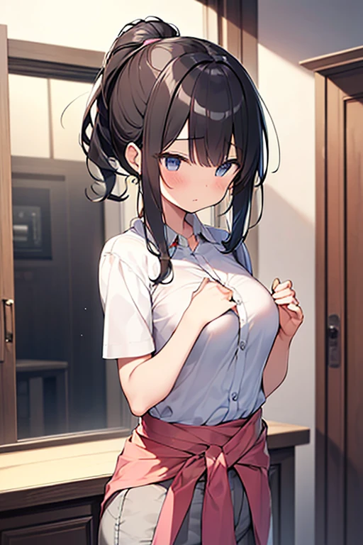 (8K、Highest quality、highest quality、masterpiece)、Detailed face、One girl、 Black Hair、short hair、、blunt bangs、Grey Eyes、evil smile、((Grin))、((camisole))、((Torn mini skirt))、Cowboy Shot、((bent over))、hospital、Hospital room、Very large breasts、cheeks are bright red、Blushing、in trouble、White nurse uniform、nurse、Cleavage、Nipples are visible