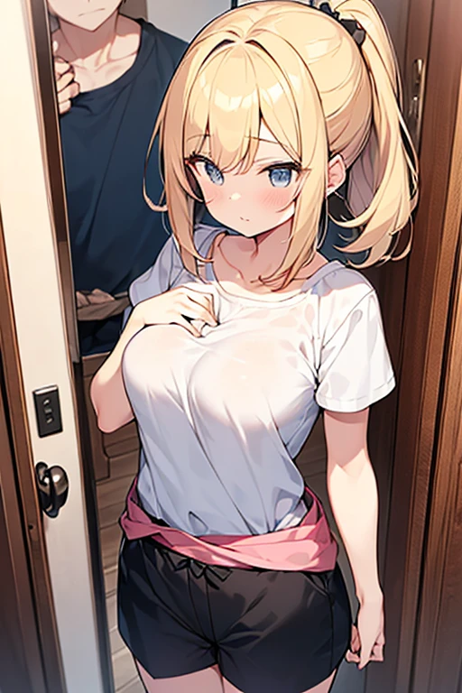 bound arms, arms behind back, rope, highres, highest quality, illustration, ultra detailed, (detailed face), (detailed eyes), soft lighting, best quality, hyper detailed, masterpiece, looking at viewer, angry, blush, slight frown, 1girl, solo, ((blonde hair)), ((((ponytail, skirt, t-shirt)))), upper body, storage room, blue eyes, medium breasts, pantyhose