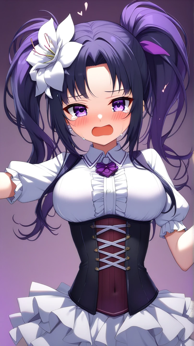 In 8K、highest quality、room with window、with a girl、Dark purple hair、twin tails、big pink ribbon、delicate face、smile、red eyes、blushing face、Black and white blouse with lots of frills、plaid red skirt、Skirt flips up、beautiful feet、striped lace tights、black platform pumps、seductive thighs、big breasts:1.8、big ass:5.5、big breasts、cleavage、 thin waist、beautiful waist、shiny skin、Perspective from above、black panties with holes、
