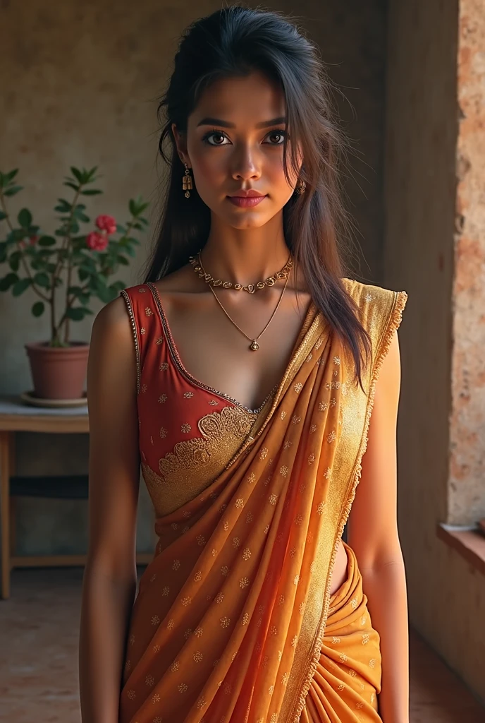 Kriti sanon with pale skin, white skin, no lose hair, pinned hair, wearing saree shwoing hips and navel, low quality, poor quality, at chennai