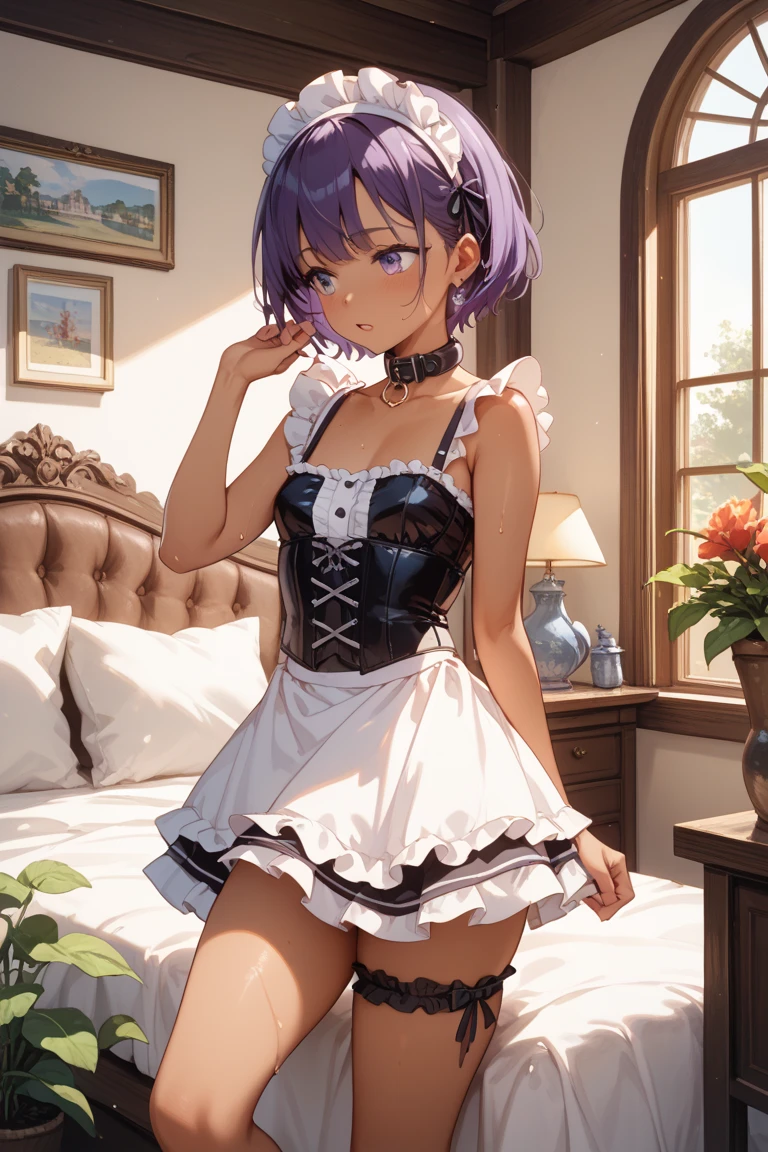 dressed as a maid, showing tight panties, pussy swallowing av, SIN , breasts big, with a naughty face, purple short hair, very blue blue eyes , short purple hair , showing her big pussy, with big vagina , innocent chinese , making a gesture of sucking dick without anything