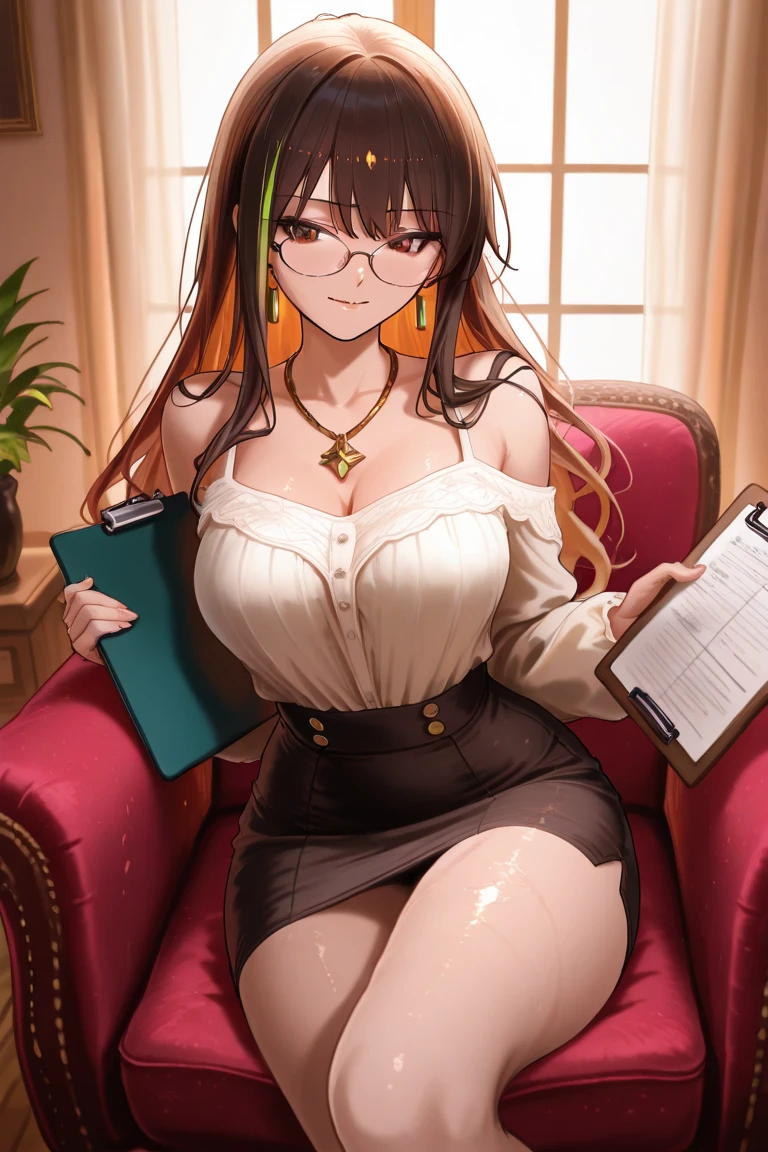 ((1 Woman, with a white mini blouse with Bhutan, with a black mini skirt with Bhutan, with white panties)),((brown hair)),((shallow eyes, with glasses, with a cute smile)), ((big breasts,((standing, facing the viewer, behind a wooden service counter with books and paper on the counter,