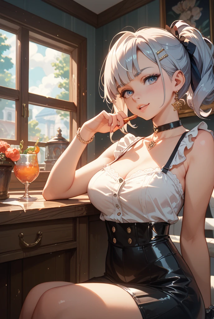 Charming woman with bun, Sitting in the bar of the nightclub. This masterpiece is of the best quality, ultra - detailed, Perfect for 8k HDR wallpapers. Cinematic lighting with sharp focus and intricate details.