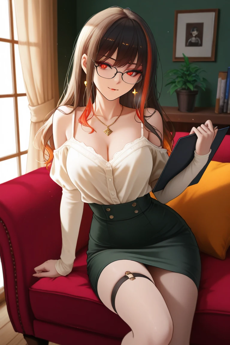 Can you draw an illustration of a nerdy but emo girl with small breasts, and large thighs? She has short ginger red curls cascading onto her shoulders along with dark brown eyes. The girl also includes thick black round glasses. Make her in a lewd pose and with an anxious and shy expression. Make her also look young