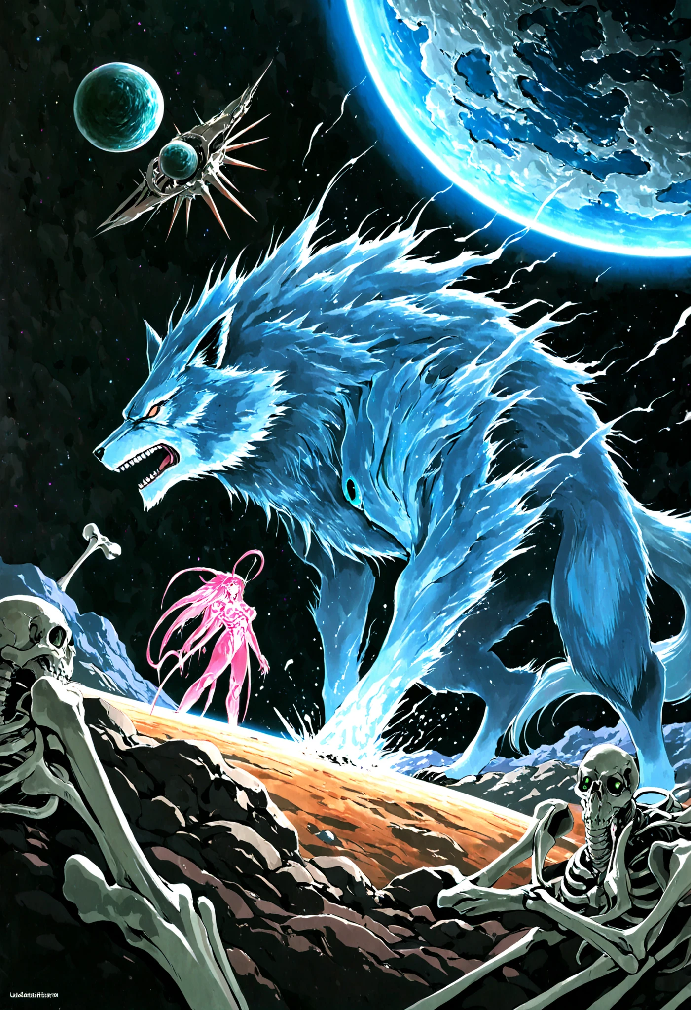 Unidentified creature, fiction,retro futuristic,lobo,transformation,Bones Afeuera,another planet,Astronauts