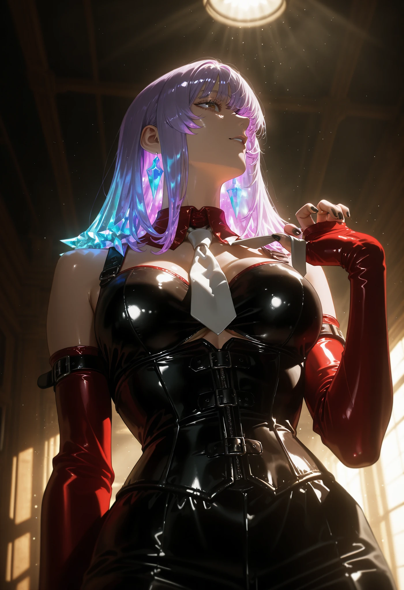 photorealistic, beautiful detailed eyes, detailed leather, detailed hair, volumetric lighting, Extremely detailed dapple, light particles, dramatic shadows, movie lighting, photo background, depth of field,(Villain),A girl with purple hair ,shiny hair,bangs,(bangs cubre un ojo),1 eye covered by hair,super detailed brown eyes,(white tie),neckline,broad breasts,Hands adjusting the tie,black nails,crystal hair,Neon hair,corset,strap slipping,Underboobs,,( ANGULO Holandes ), inclined plane ,from below,Profile or side