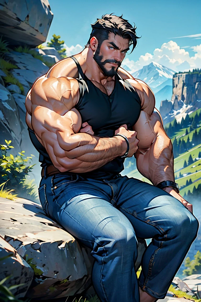 Just one man milo_thatch, tank top, tight pants, looking at the viewer, chest buffed, veiny arms, arms tattoo, glasses, rock wall, realistic, crossed arms, wide shoulders, large pectorals, broad shoulders, big biceps, hairy chest, oppened ziper of pants bulge, pubic hair.