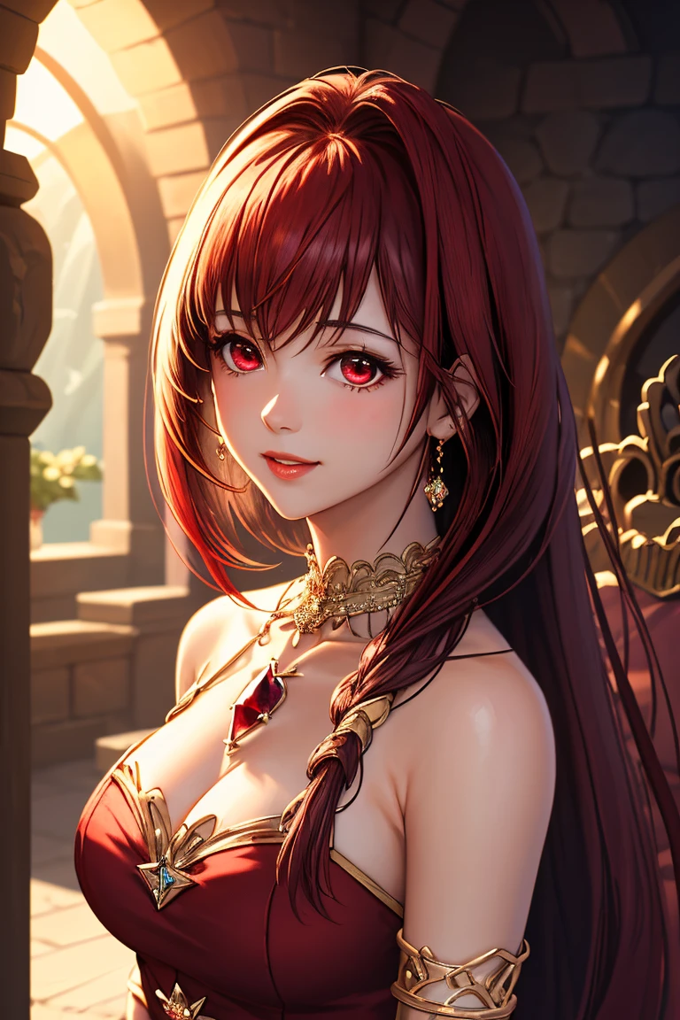 Nose to ear chain lip to ear chain red color shoulder length hair and 3 ear piercing on each ear