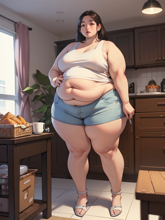 Highest quality, Obese woman, gorgeous face, messy bun hair with bangs, tight t-shirt, yoga pants, sitting on a couch, she spreads her legs to let her belly hang, she is holding an hamburger