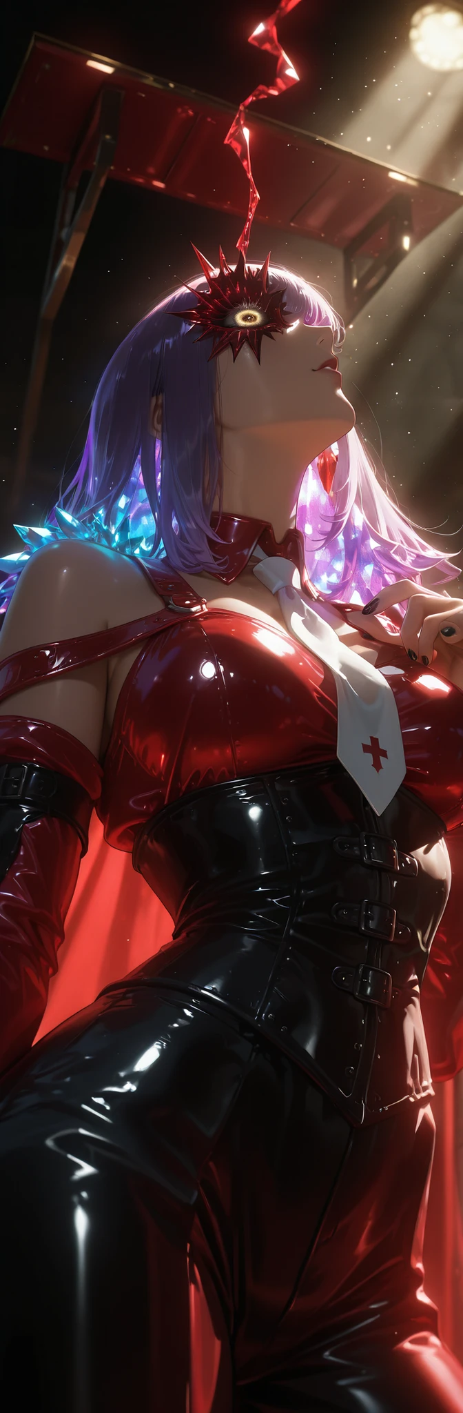 photorealistic, beautiful detailed eyes, detailed leather, detailed hair, volumetric lighting, Extremely detailed dapple, light particles, dramatic shadows, movie lighting, depth of field,(Villain),A girl with purple hair ,shiny hair,bangs,(bangs cubre un ojo),1 eye covered by hair,super detailed brown eyes,(white tie),neckline,broad breasts,Hands adjusting the tie,black nails,crystal hair,Neon hair,corset,strap slipping,Underboobs,,( ANGULO Holandes ), inclined plane ,from below,Profile or side