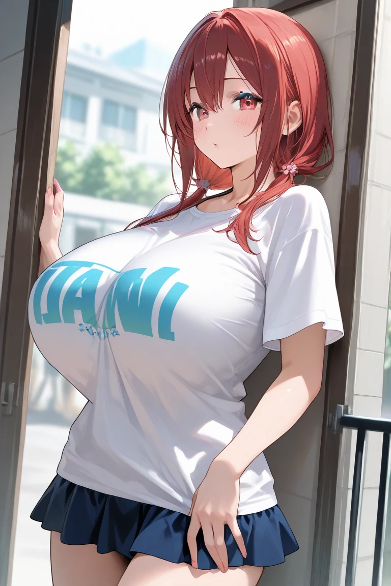 A 20-year-old girl, alone, Brown Hair, Very Big Breasts,Cleavage, Mixed red hair, Long Hair, Off-the-shoulder shirt, , Dutch Angle, Denim shorts, Blue Eyes, Forest background, Gigantic Breasts, Enormous Breasts, Thick Thighs, Wide Hips,