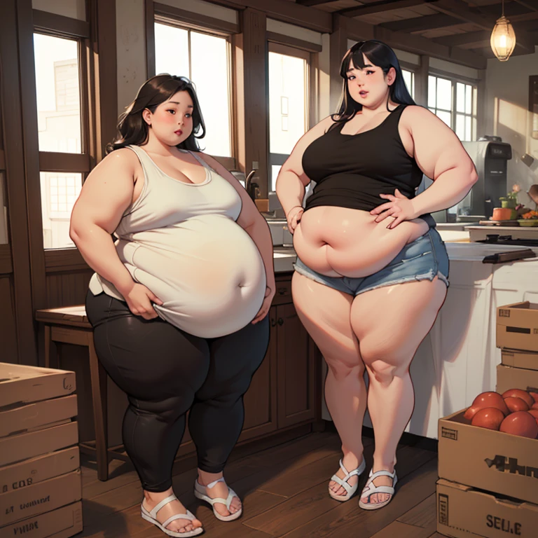 (masterpiece, detailed, realistic:1.2), black woman, young, ager, USSBBW, (morbidly obese, fatblob:1.3), gigantic belly, (detailed face, beautiful face:1.2), high aesthetic, holding food, nude, panties, surrounded by concerned sisters, kitchen