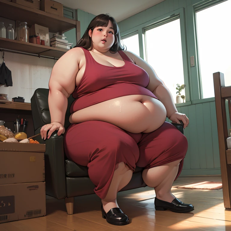 A happy Gamer photo of a young beautiful bottom heavy Gamer redhead ssbbw with pear-bodyhape, extreme wide hips, with long ginger hair soft fat belly, extremely wide fat obese hips, very obese legs, thick fat wide legs and fat arms, huge wide butt, cute pretty face, fat saggy breasts, in comfortable gamer clothes, Wearing a headphone on her head, laying on a couch eating a lot of snacks, there is a pizza and a lot of snacks next to her on the couch, barefoot on a fluffy carpet