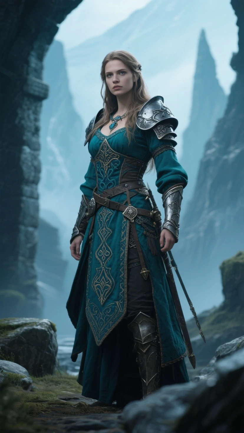Movie poster, female viking warrior with viking style tattoo, long brown hair, delicate face, holding a viking tomahawk, leather outfit, rich details, intricate details, volumetric light, 4K rendering, hyper realistic, realistic texture,