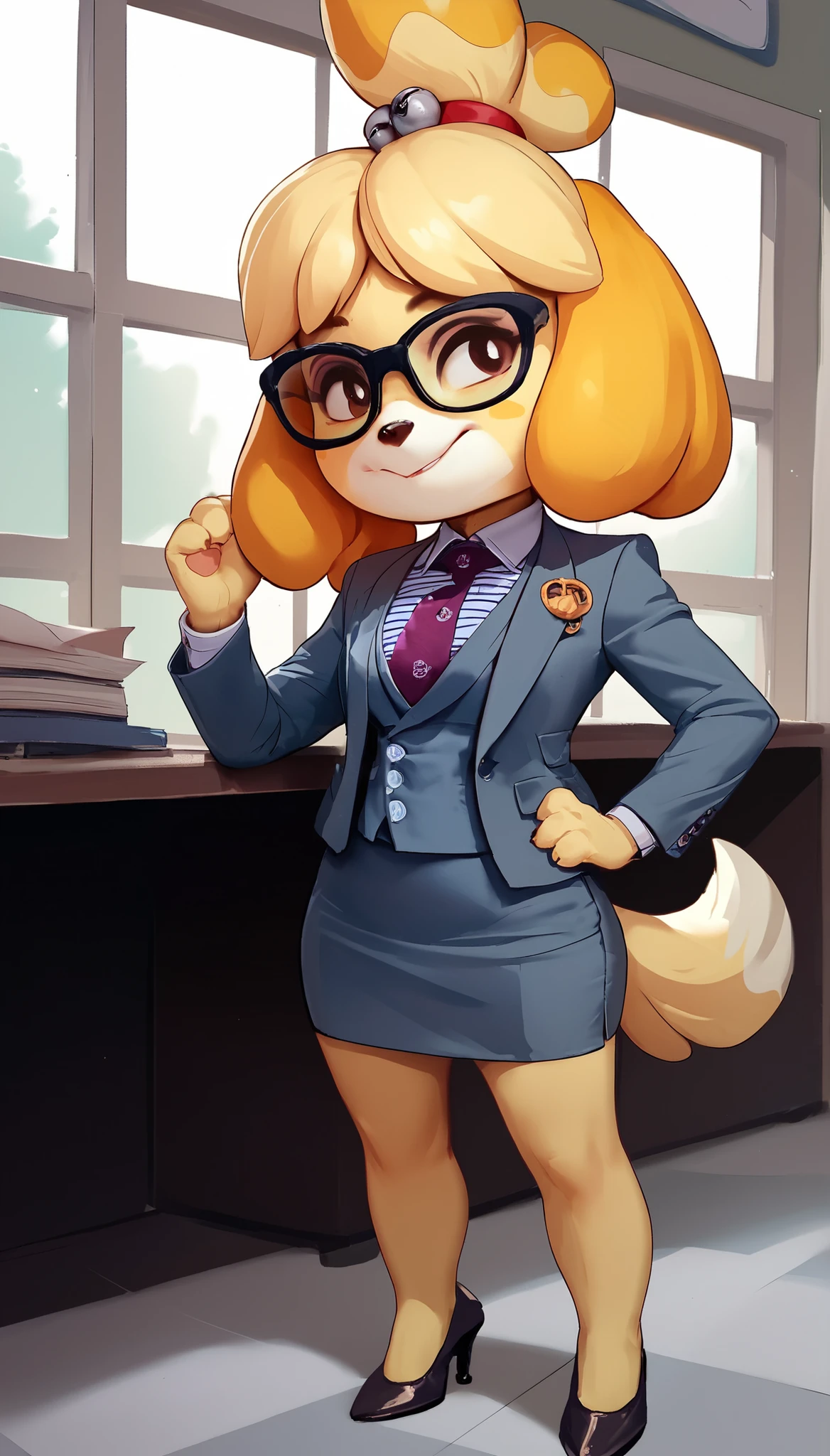 score_9, score_8_up, score_7_up, score_6_up, source_anime, three-piece suit, 1girl, solo, glasses, formal, jewelry, suit, purple necktie, earrings, jacket, waistcoat, shirt, standing, window, dark grey jacket, striped shirt with white collar, grey skirt, makeup, Score_9, score_8_up, score_7_up, high heels
isabelle \(animal crossing\) , cute, source_furry, office cubicle desk background, shortstack, big head, hand on hip, tail, smirk,