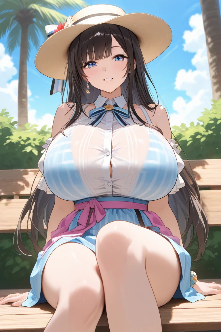 A Cute Plump Young Girl, looking at the camera with an embarrassed smile, she is very embarrassed by her ludicrously Huge Thighs and Breasts, (Ludicrously Huge, Ridiculously Excessively Oversized Thighs), (Ludicrously Huge, Ridiculously Excessively Oversized Breasts), She is too Incredibly thick for her own good, (Exaggerated venusbody), (Very Lush, Long Brunette Hair), Big Beautiful Blue Eyes, sitting on the ground in a city park,