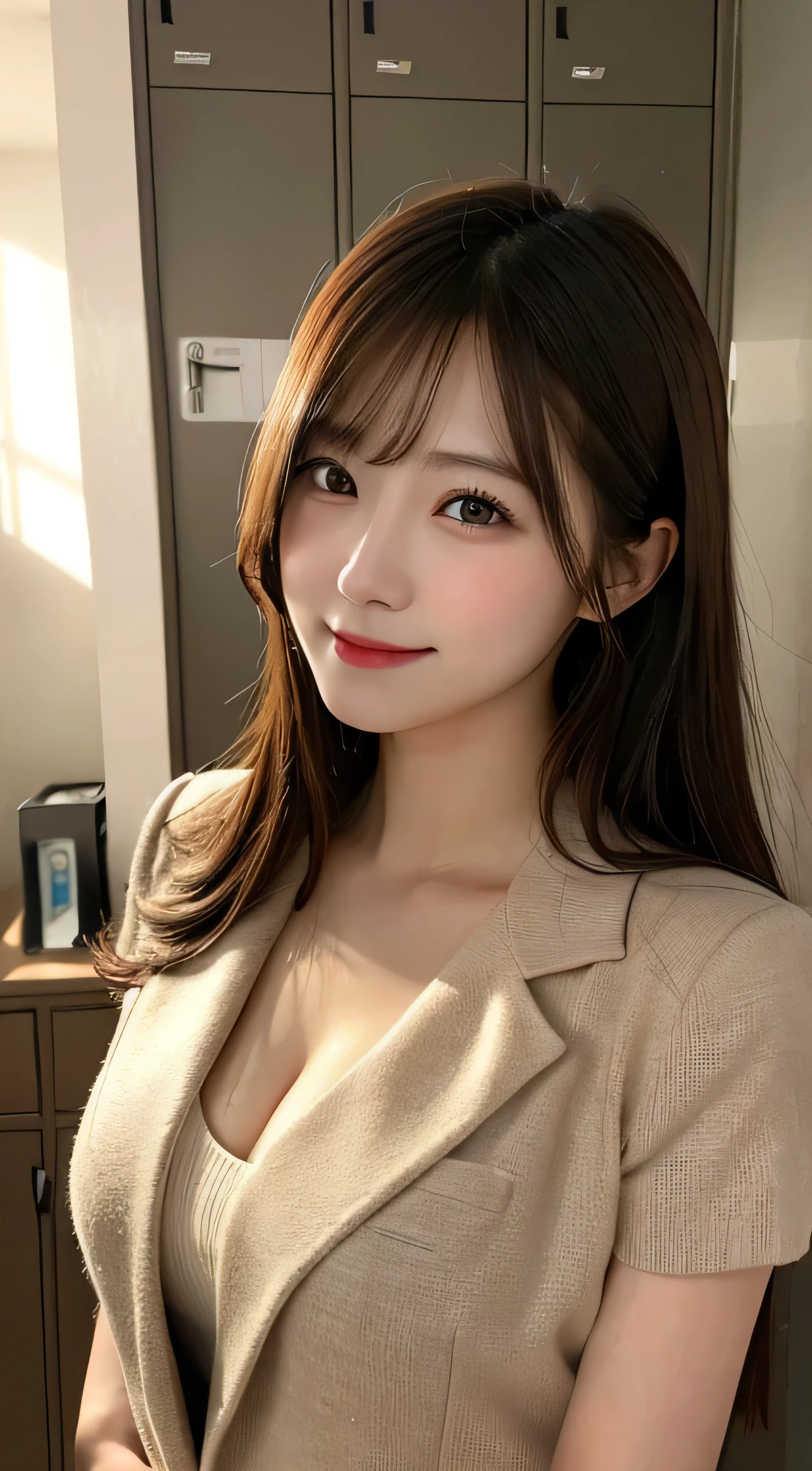 masutepiece, Best Quality, Illustration, Ultra-detailed, finely detail, hight resolution, 8K Wallpaper, Perfect dynamic composition, Beautiful detailed eyes, long sleeve casual office clothes,Medium Hair,small tits,Natural Color Lip, Bold sexy poses,Smile,Harajuku、20 years girl、Cute、Sexy shot looking at camera,Blur the background,beautifull detailed face,Take only the face