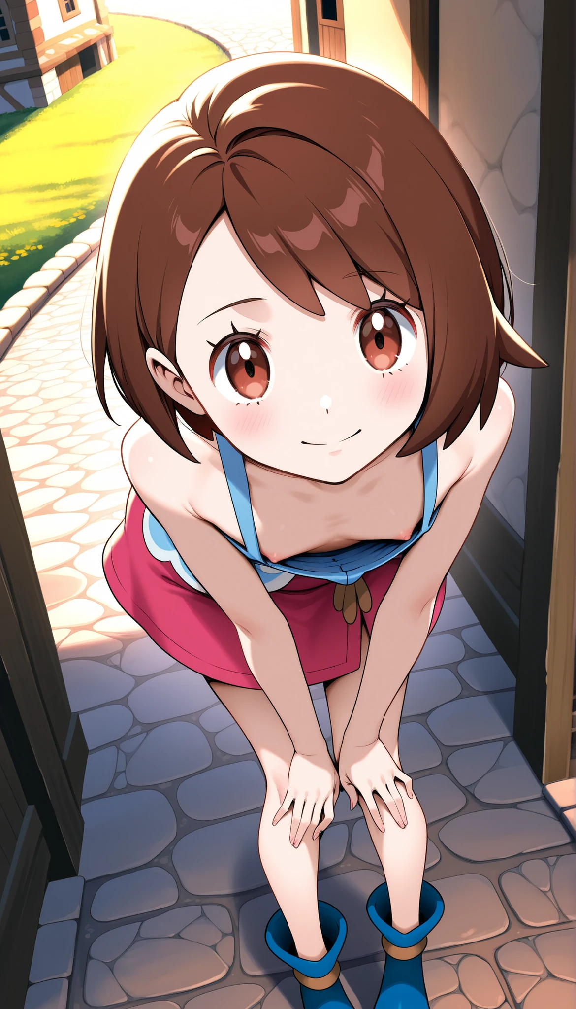 (Gloria(Pokémon Sword and Shield):1.5)、(ultra small chest:1.5)、(ultra flat chest:1.5)、(bent over:1.1)、(downblouse:1.1)、(nipple slip-out:0.7)、(ultra super fine illustration:1.1)、(extremely detailed CG:1.1)、(best quality:1.1)、(cobblestone streets in a medieval town:1.1)、(ultra slim:1.1)