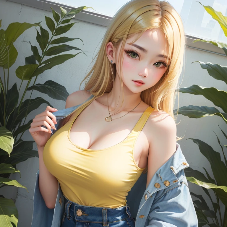 (1girl),large breasts, breasts, tan, dewy skin, sweaty skin, wavy blonde hair, punk tshirt, punk girl