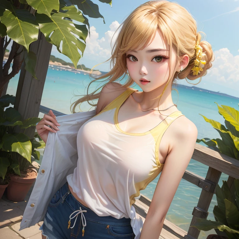 (最高masterpiece,highest quality,8K Raw Photo:1.5,masterpiece,Realistic:1.5)、One girl,A charming smile,Pause,particle,Wind,flower,Half Body,summer,Tank top and low rise shorts,Against the background of the night sky,View Viewer,blonde、summerの天体観測,The Milky Way in the night sky、Sexy like Orihime、