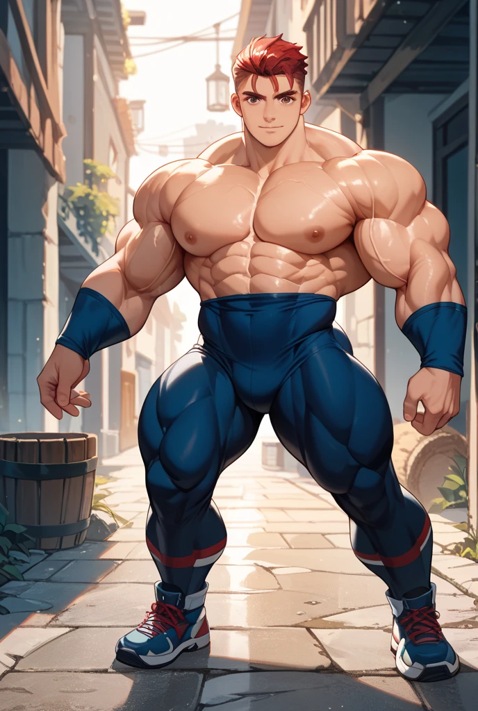 old man knight, wearing silver armor, revealing armor, busy medieval Mediterranean city background, muscular, wearing armor, nice bulge, sweaty body, sun going down, golden hour, latex, sexy armor, thick dark mustache
