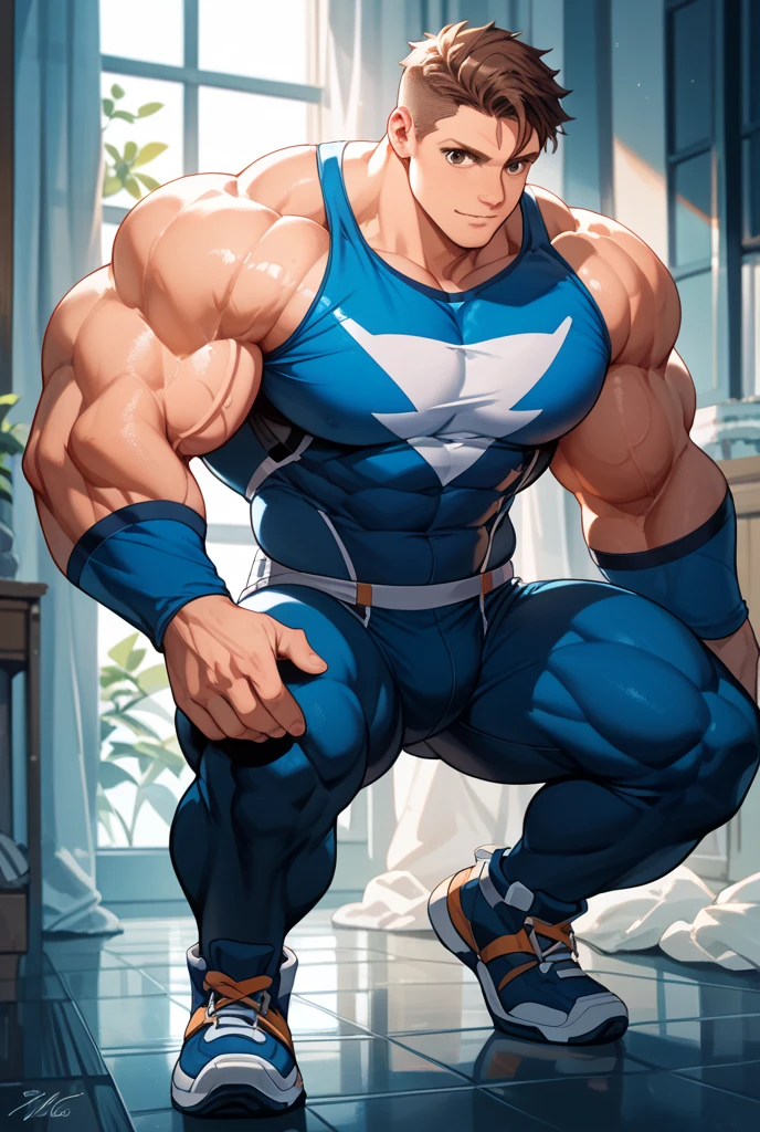 muscular boy , alone , erotic , lying down, garden , soft shading, standing , mbbbbb , smile , blue hair, green eyes ,() , white sleeveless shirt and blue shorts, hyper muscle, Huge muscle , bigs pecs muscle, bigs muscles , muscular thighs, muscular glutes, muscular legs masive muscles , ass muscle, light skin color white , Prince muscle , is waiting in the garden , macro muscle , muscle growth , too many muscles , yaoi , gay , Prince boy
