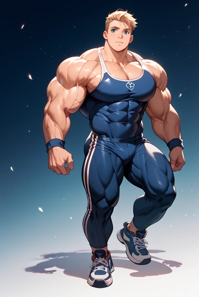 Double,Show your thick arms to the audience,closeup of arms,Thick arms,(masterpiece,best quality,H),1 person,Nude boy,Very shy,My face turned red,Shy,muscular,Delicateeyes,nude,(nude),blue eyes,Shirtless,Body,Blue purple short hair,(fluorescent lamp),(a color),((Blue Background)),Shorts with white stripes,White textured socks,