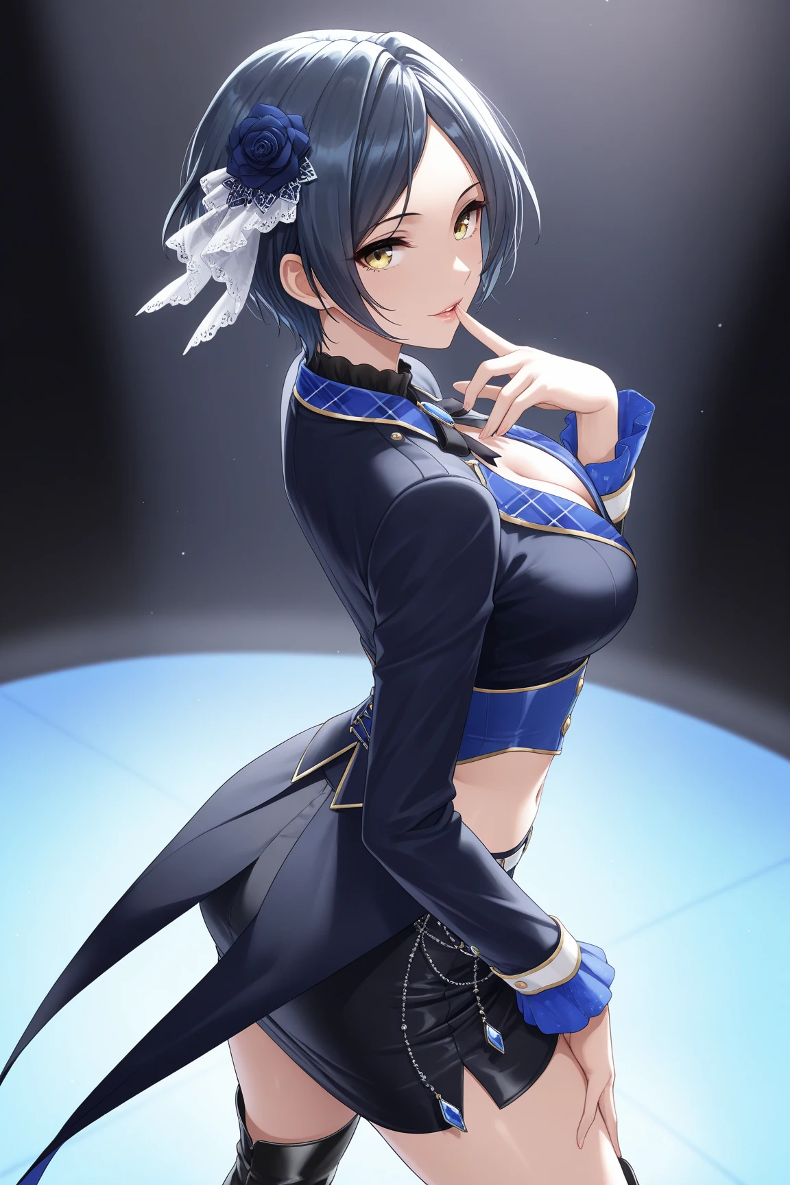a beautiful young woman with short black hair and blue eyes, wearing a rabbit costume, extremely detailed facial features, 1girl, fantasy, whimsical, adorable, cinematic lighting, vibrant colors, soft focus, highly detailed, photorealistic, 8k, masterpiece