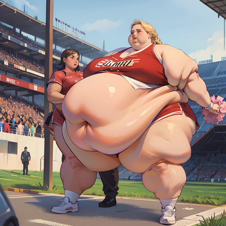 (masterpiece, best quality),1girl, Emma Stone, short red hair, (gigantic breasts:1.2) (puffy nipples:1.2) (leotard) running, smile (white socks, running shoes:1.2) standing (race tracks), cinematic lighting, UHD, hyper detailed