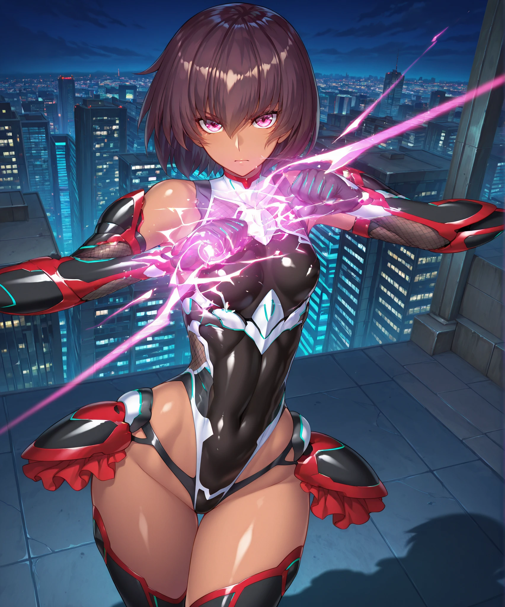 masterpiece, best quality, highres, 1girl, villain, leotard, purple leotard with gold accents, bare legs, (fastened tight gold belt), boots, ankle boots, bracelets, night sky, standing straight, infused with powers, cityscape, searchlights, black hair, short hair, bob hair, tiara, purple eyes, beautiful detailed eyes, perfect hands, solo, solo focus, evil grin, uses her powers