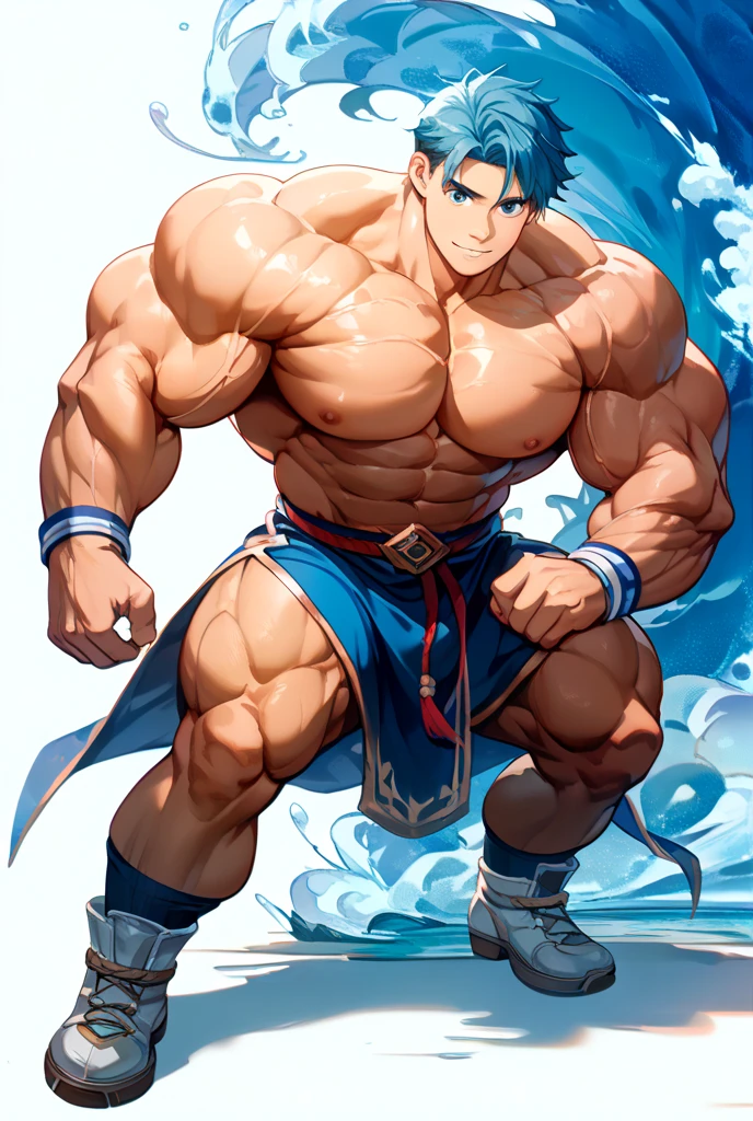 Generate an anime-style art image of an extremely muscular character with short light blue hair and (((olhos de azuis))) o personagem deve estar voando.