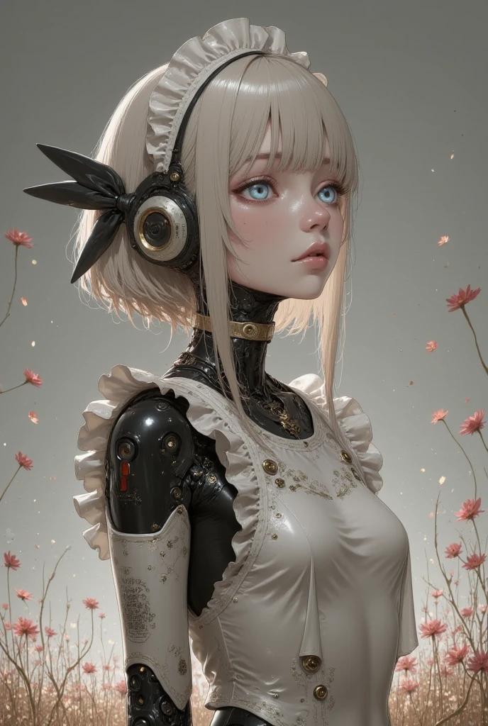score_9, score_8_up, score_7_up, score_6_up, score_5_up, score_4_up, cr34tur3g0r3, 1girl, flowers, cyborg, wires, broken, white hair, messy hair, hair covering eyes, hair over eyes, blunt bangs, black lipstick, robot