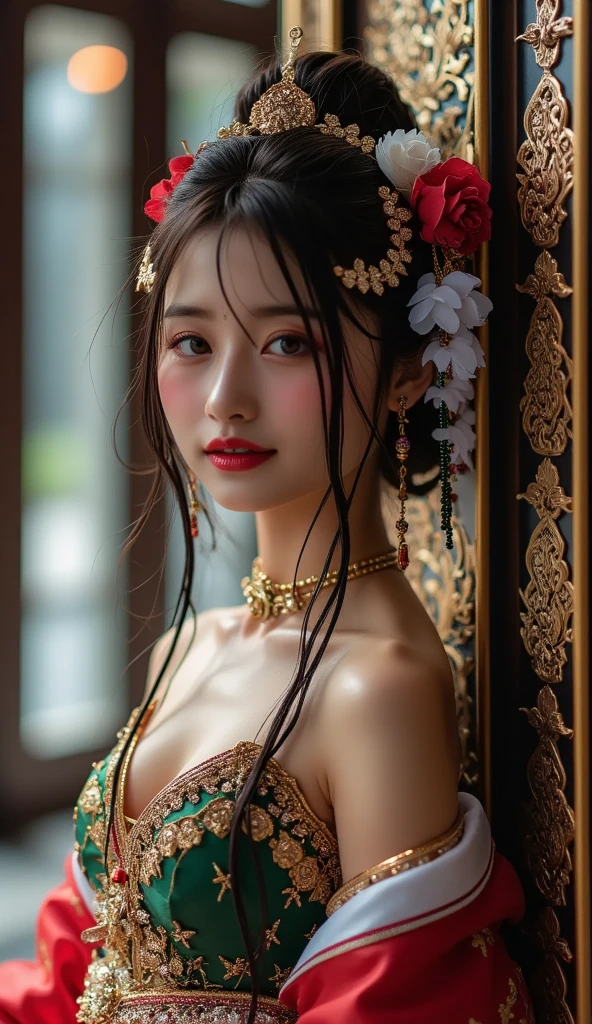 The famous scene of the noble concubine bathing, high detail, realistic, amazing, vivid and very beautiful Edit Fashion Photography Portrait photography studio photography, 70mm, low angle, awe, soul control, elegant, big eye surprise, epic, gorgeous, complex setup Gauge, Clarity, Landscape, Smoke Effect, Detailed & Complex, Point Art, Digital Art, Reality, Photo, Film, Glamour Shoot, HD, Shoot Photo, Beautiful Lighting, Warm Colors, Detail Rendering, Environment Design, Octane Rendering, High Detail Skin, Slightly chubby cheeks, correct human anatomy medicine
Her beauty has survived to this day. She is the peerless beauty of ancient China, the Tang Dynasty - Yang Guifei. Her skin is fair, soft, and delicate, her cheeks are plump and noble, and her figure is slender. Her naked body was also covered with a strand of gauze, but she could not hide her full breasts. She is Concubine Yang