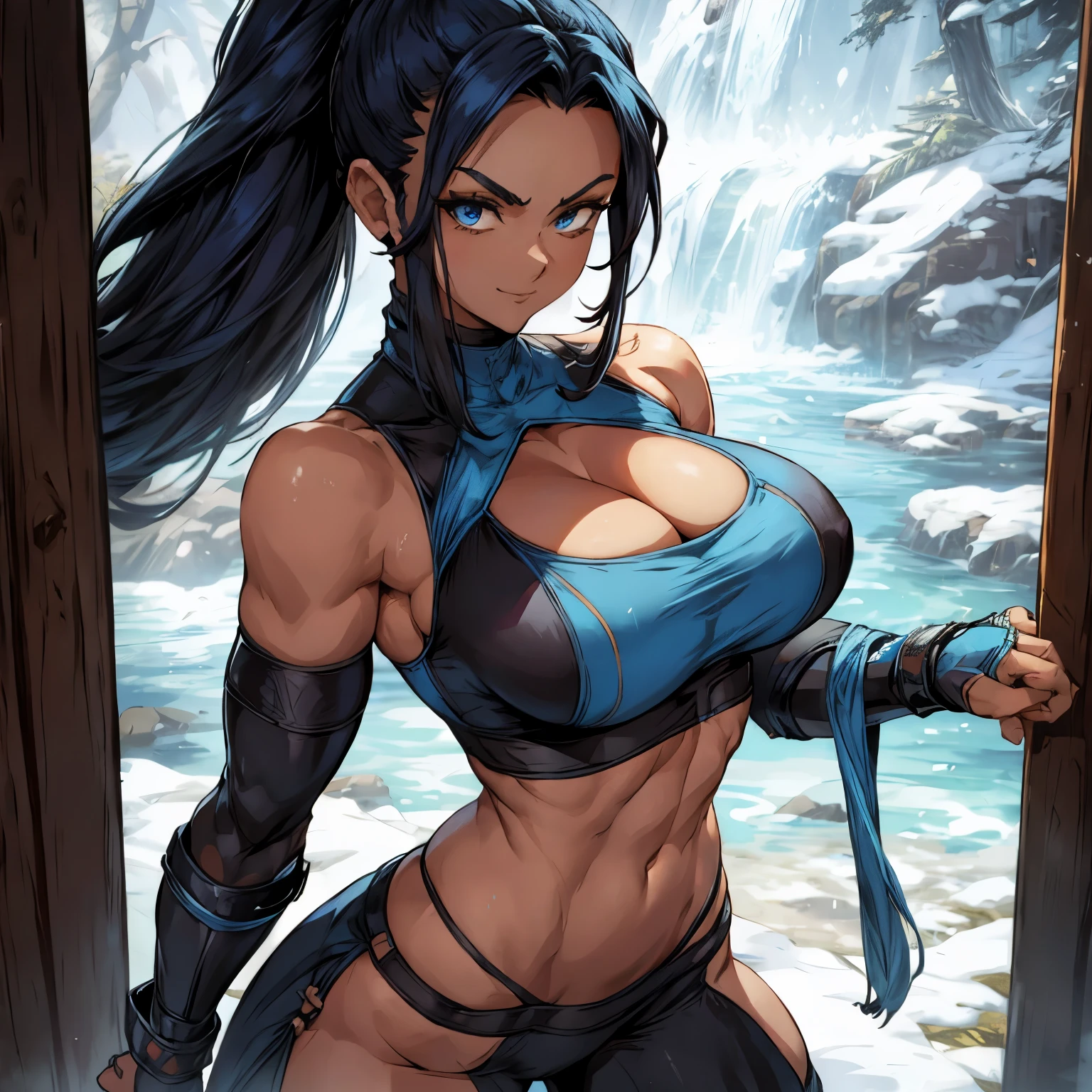A view from the side , blue eyes , ninja mask around her neck, long hair, spiked ponytail , fingerless elbow gloves , ninja outfit (((cleavage, large breasts, slim waist, wide hips, bare stomach, sleeveless))) , pelvic curtain , blue attire , fighting stance , dojo , snow , solo , (insanely detailed , beautiful detailed face , mischevious smile, masterpiece , best quality)