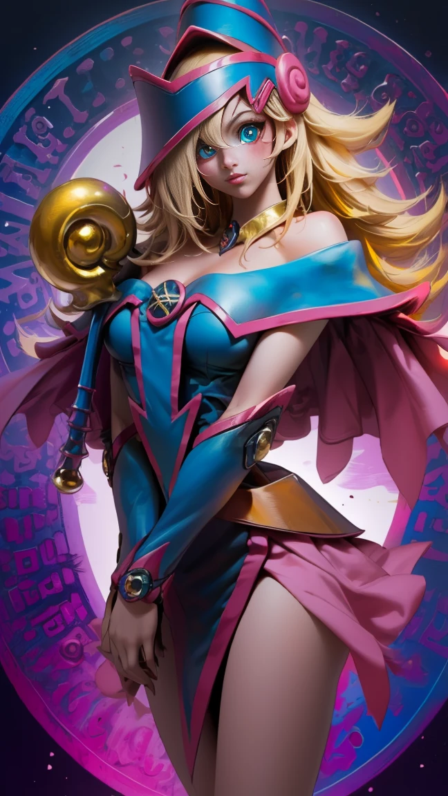 ((Maga Oscura)) cabello largo y rubio, ojos azules,Pegatinas de rubor, toenail polish, Sombrero de mago, ((yu-gi-oh! estilo)), hombros desnudos.
(larga distancia ) Body completed standing
The Magical Race, Monstruo de duelo
((Great hexagram magic circle))
ultra realista, 8k UHD, alta calidad. Dark magician girl