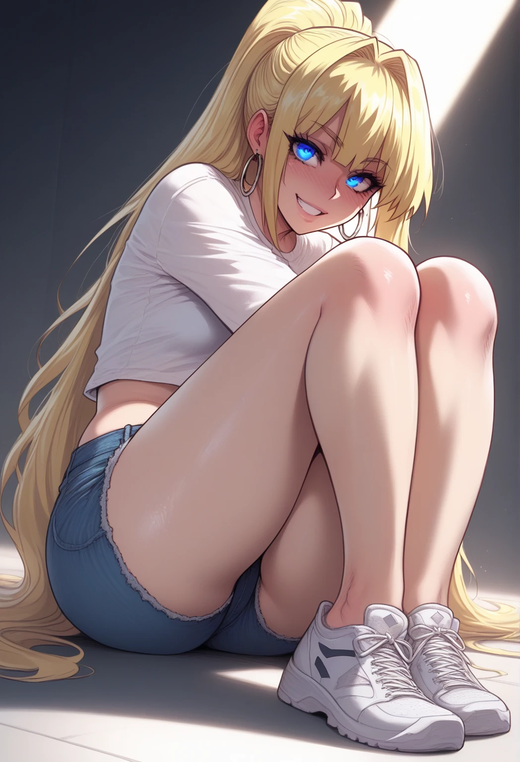 (masterpiece:1.2, best quality), (highly detailed:1.3), perfect anime illustration of 17yo girl, blonde long hair, white shirt, pleated skirt, (white panties), sitting on ground, big blue eyes, (eyes closeup:1.2), smile, city, summer, blue sky, bright, wide angle, low angle